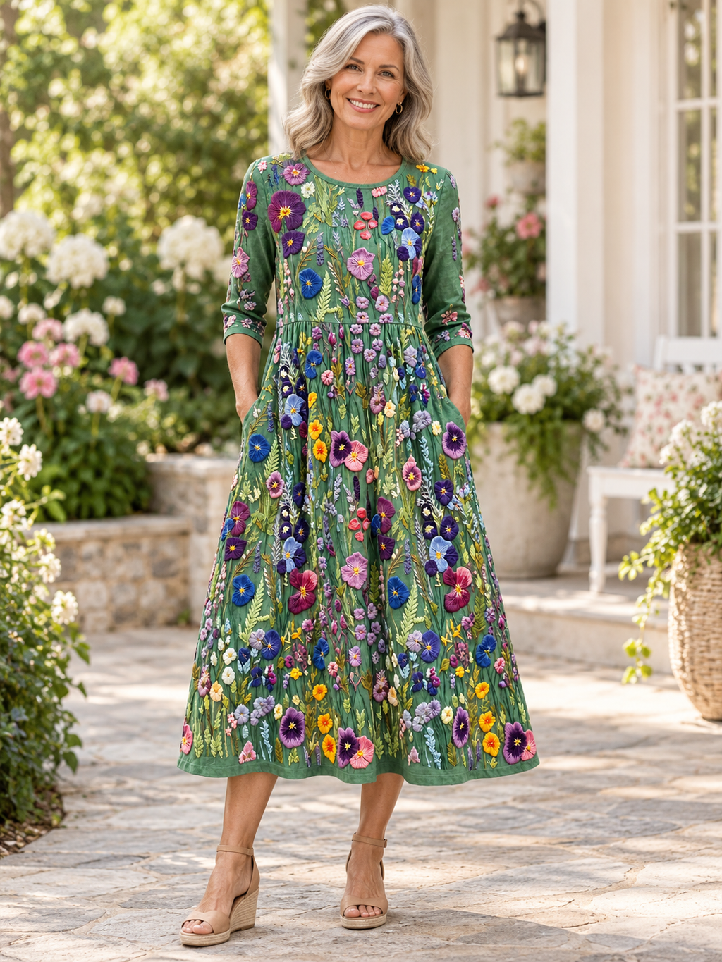 Vestido midi verde con estampado floral multicolor, cuello redondo y manga 3/4