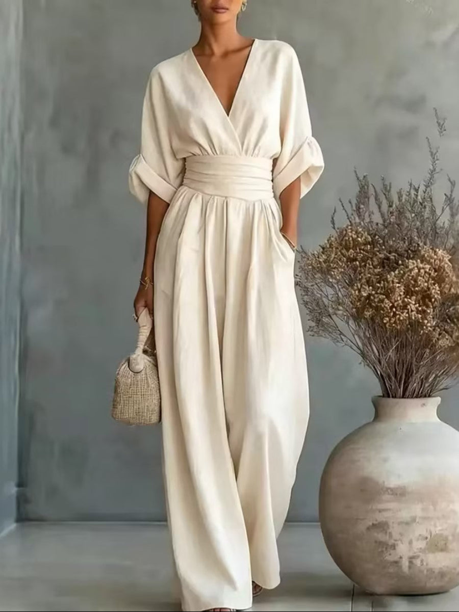 Boho Wide-Leg High-Waist V-Neck Jumpsuit