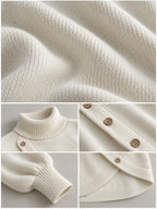 Turtleneck Knit Sweater With Diagonal Wooden Button Detail