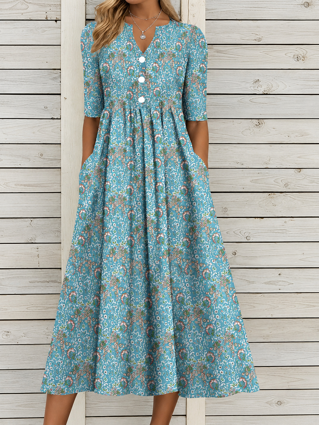 Floral Print V-Neck Pleated Half Sleeve Midi Dress with Pockets