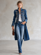 Long Tailored Military Denim Coat with Gold Buttons