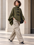 Cozy Stand-collar Stud-embellished Zippered Cape Coat