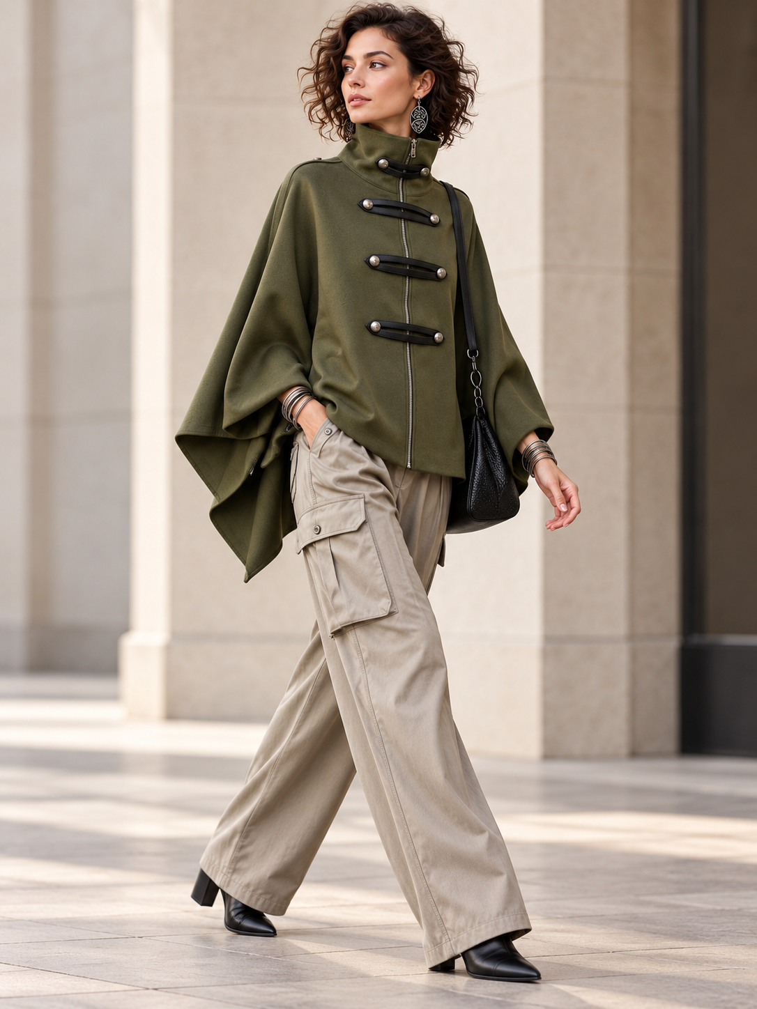 Cozy Stand-collar Stud-embellished Zippered Cape Coat