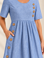 Striped Short Sleeve Midi Dress with Button Detail & Side Pockets