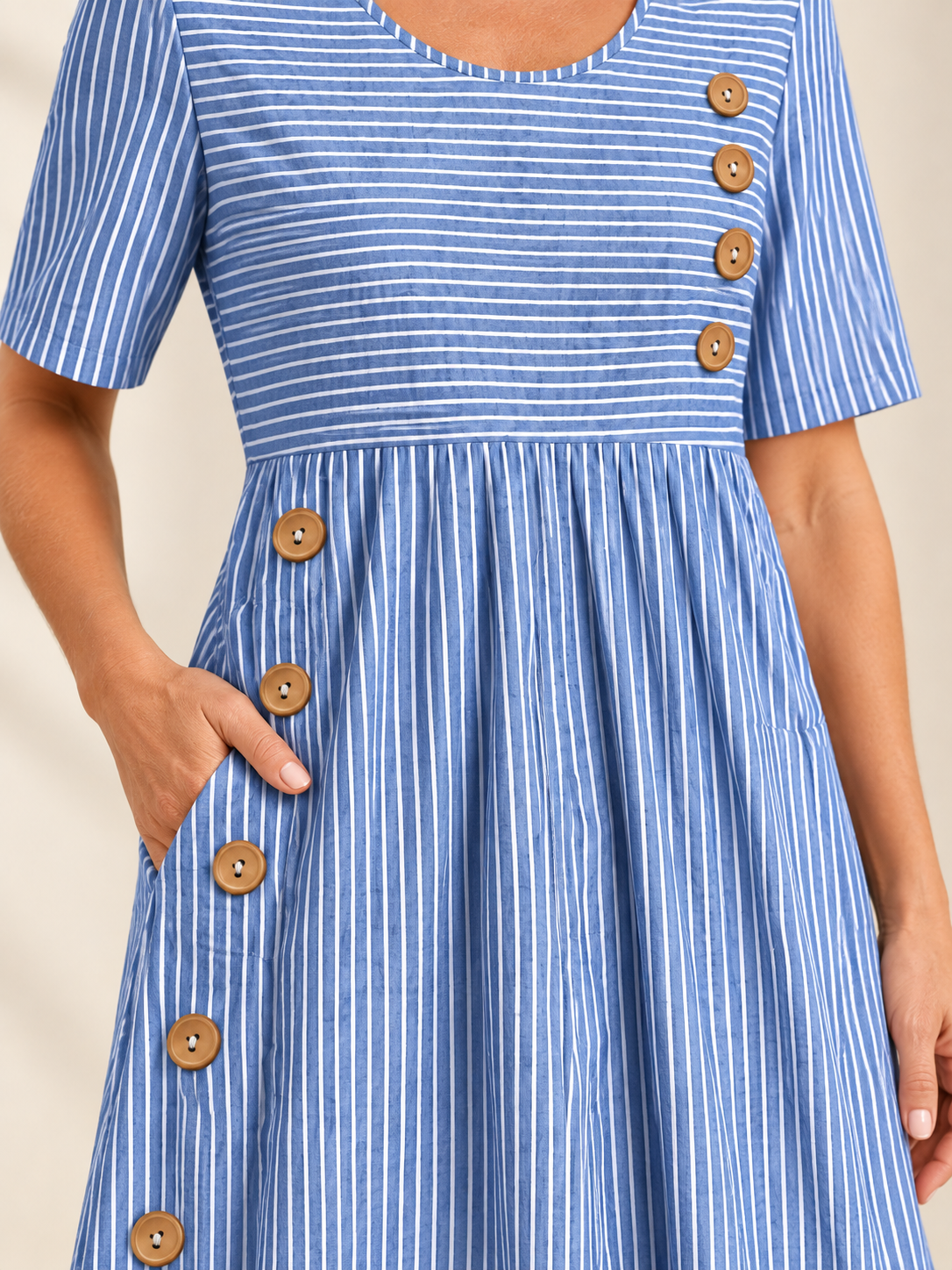 Striped Short Sleeve Midi Dress with Button Detail & Side Pockets