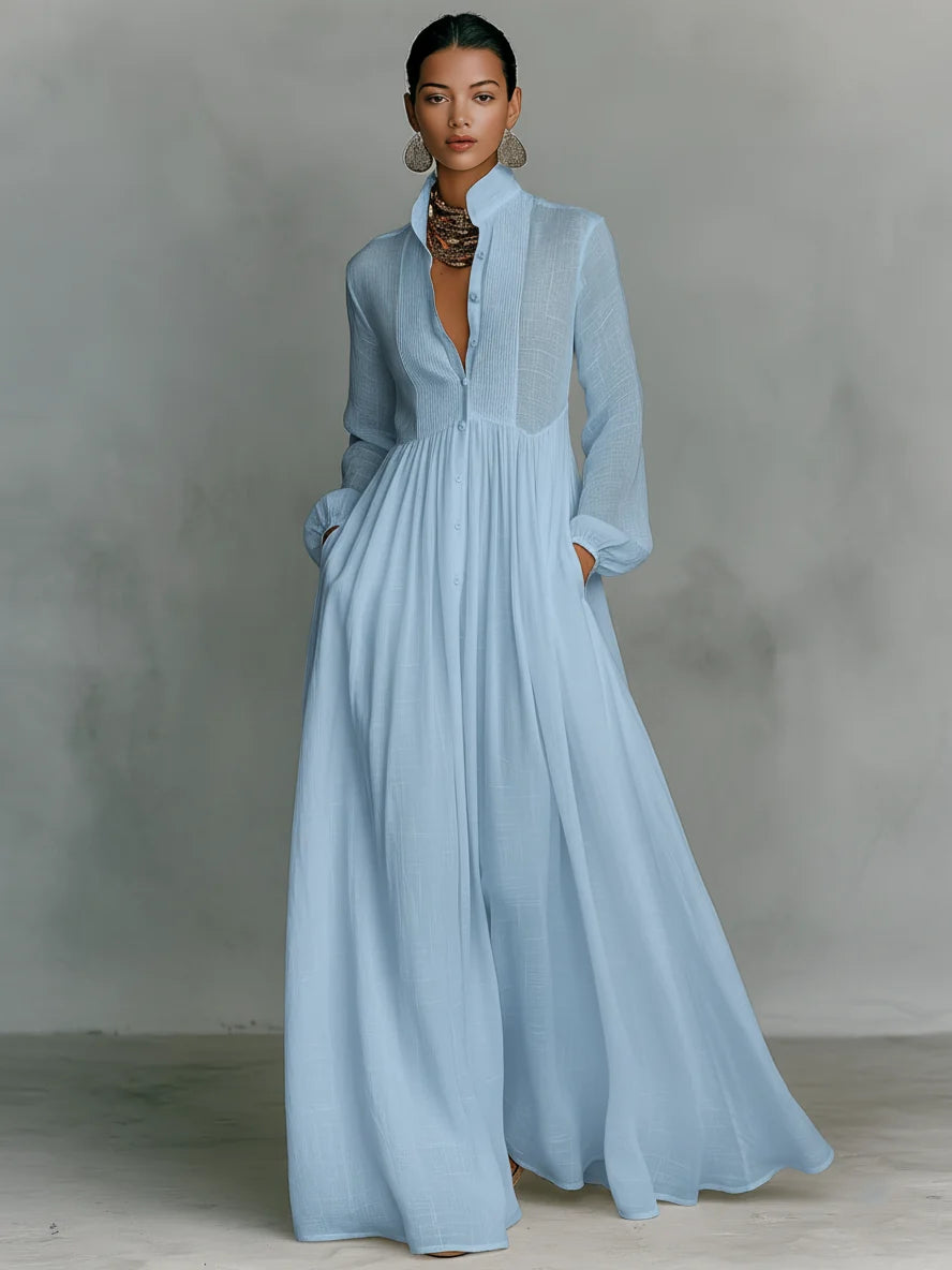 Minimalist Linen Blend Stand Collar Maxi Dress