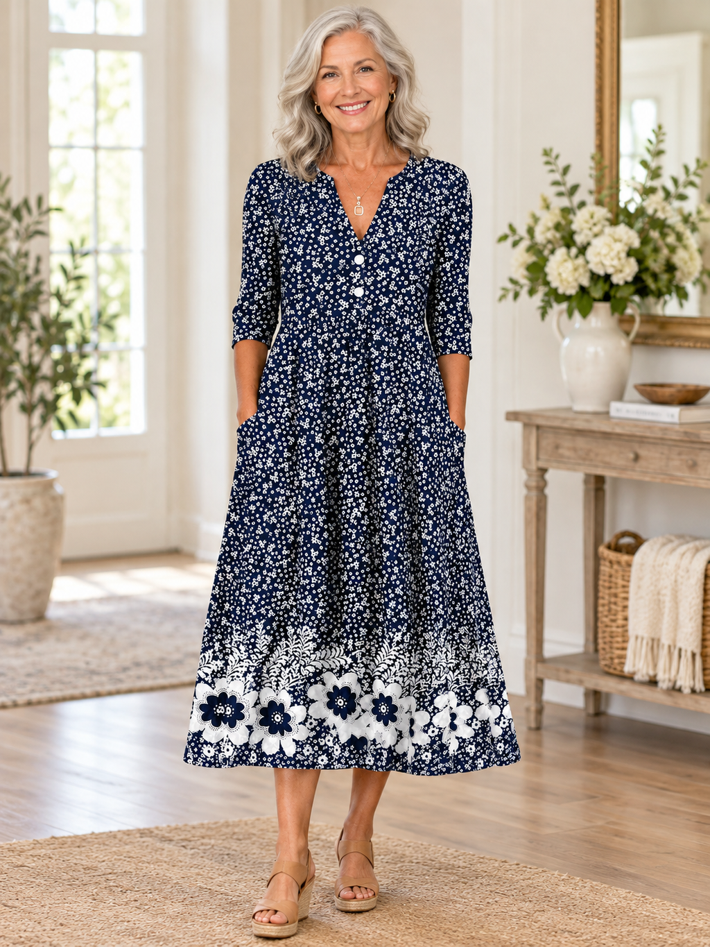 Vestido midi elegante con estampado floral, escote en V y manga al codo