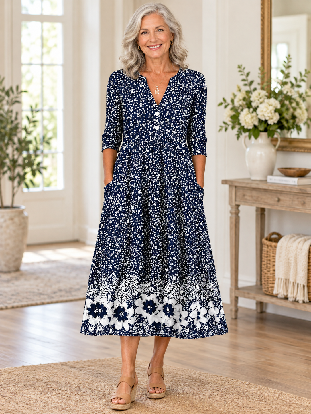 Elegant Floral Print V-Neck Half Sleeve Midi Dress