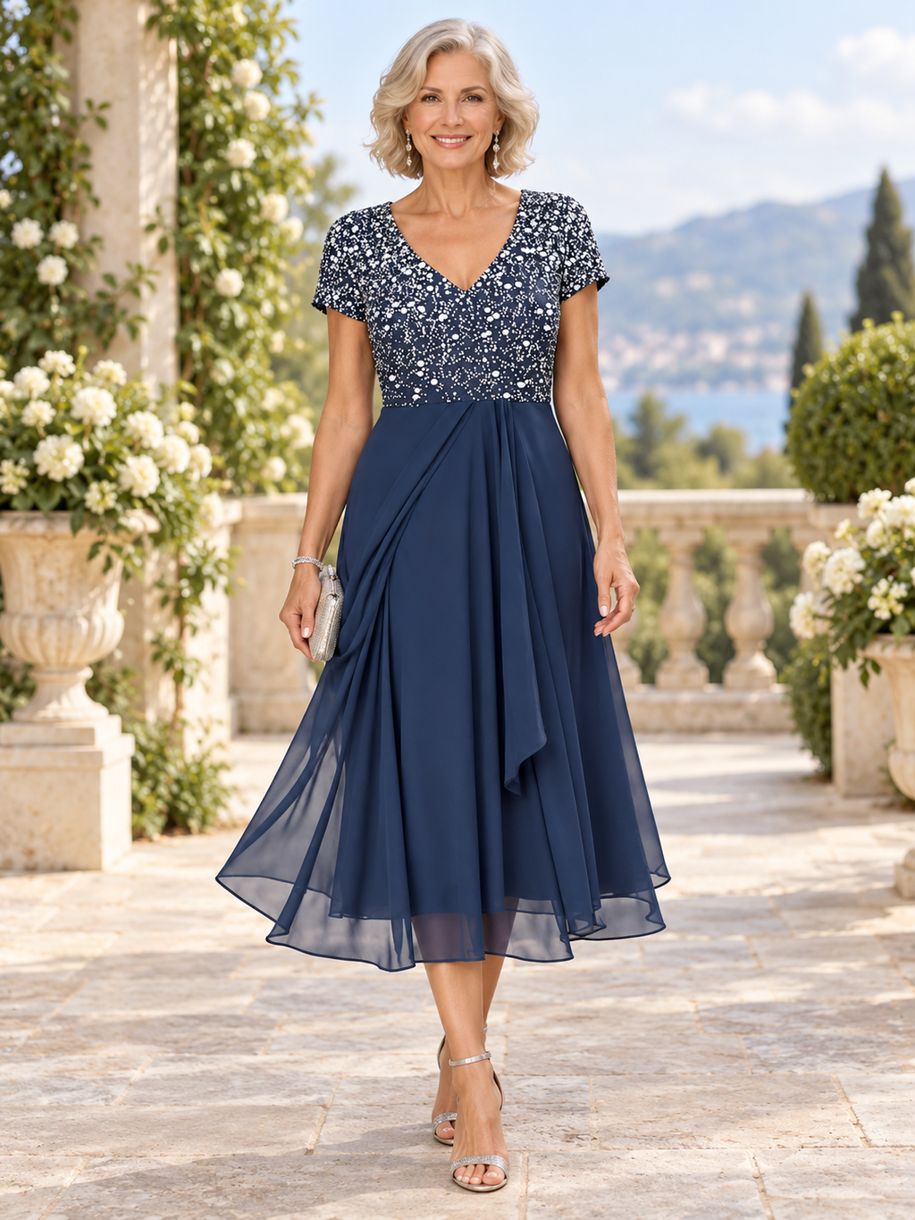 Stylish Blue V-Neck Short Sleeve Midi Dress