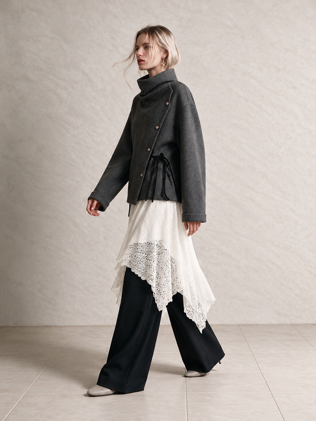 Woolen Draped Neck Asymmetric Button‑Front Jacket