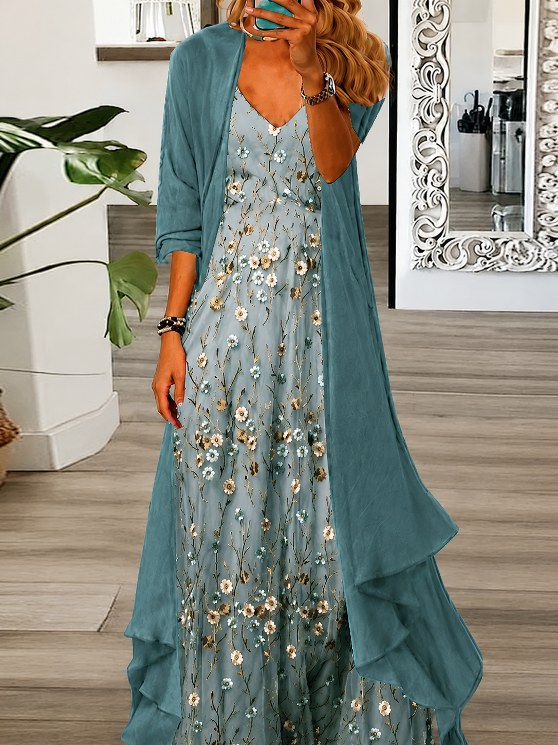 Elegant Floral Maxi Dress with Lightweight Cardigan -2- Piece Set