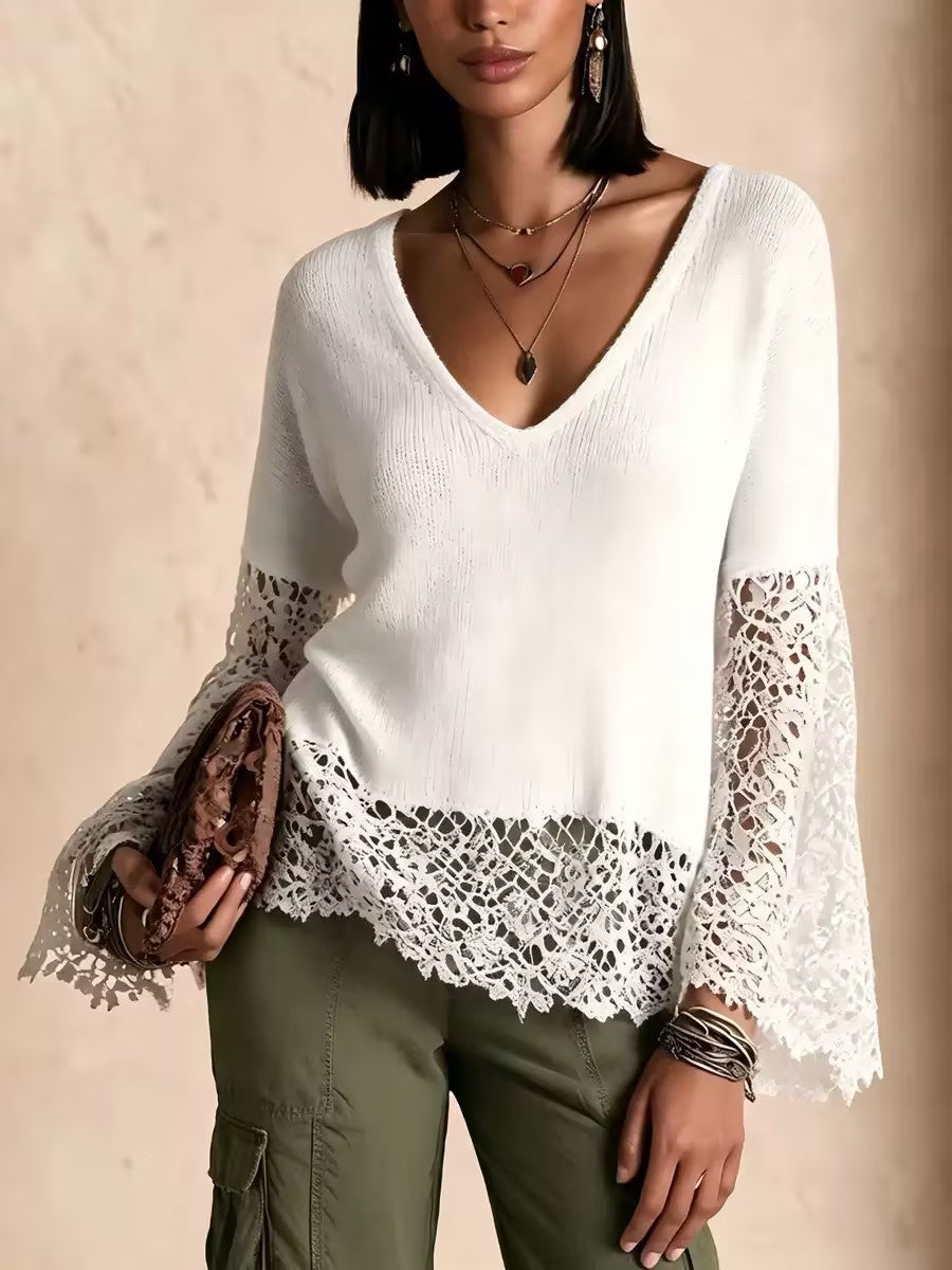 Lace Panel Bohemian Bell Sleeve Sweater