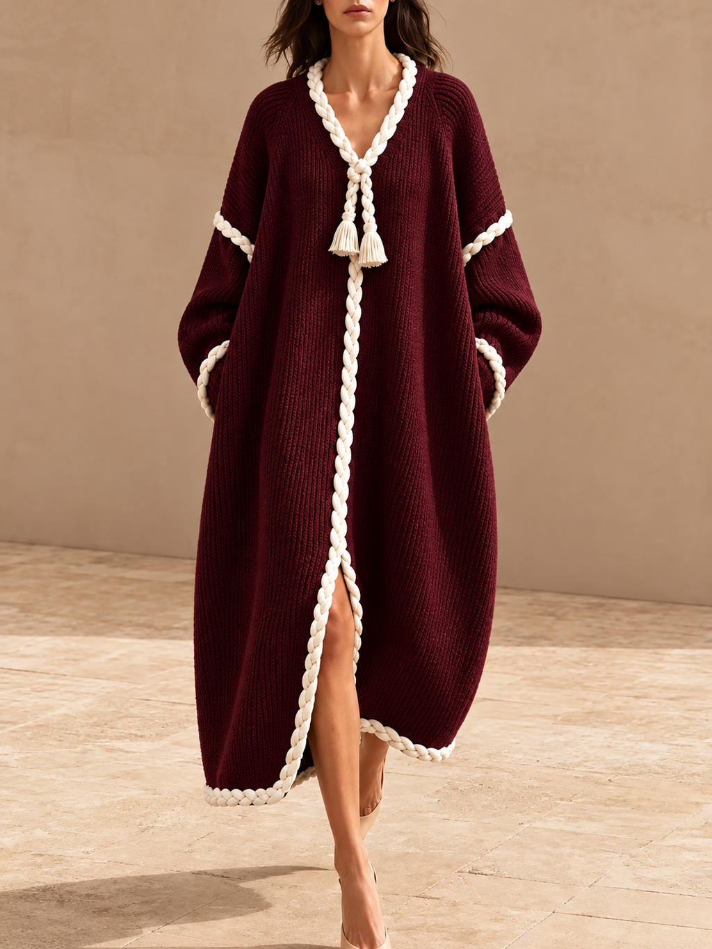 Oversized Ribbed Knit Dress with Braided Rope Trim