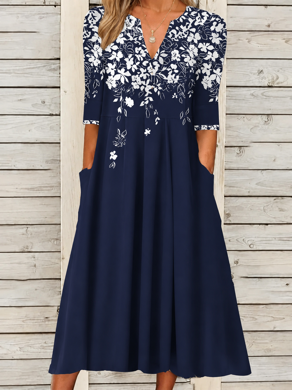 Floral Print V-Neck Relaxed Midi Dress