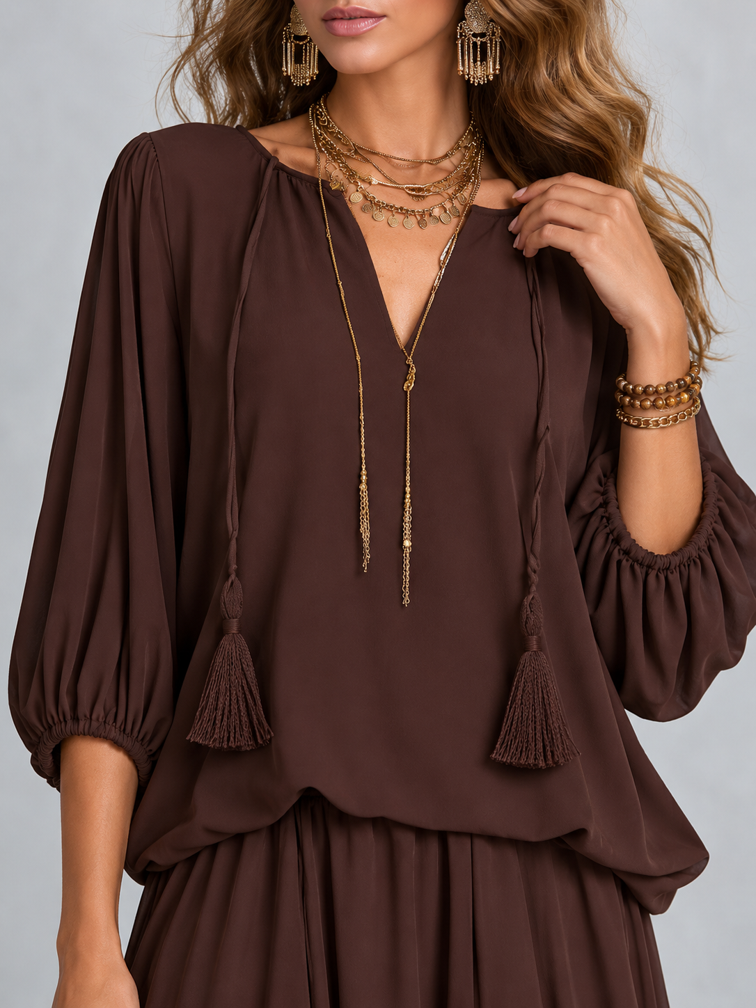 Chiffon Fringe Top & Flared Maxi Skirt -2- Piece Set