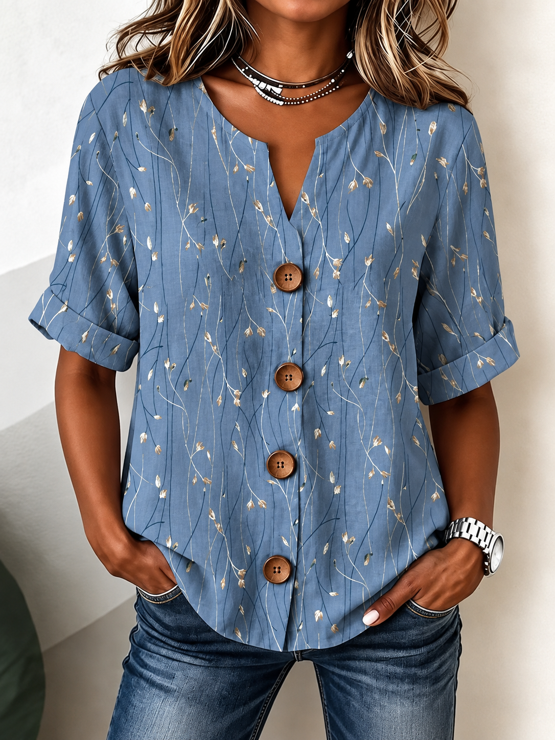 Botanical Print Button-Front Split-Neck Blouse