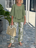 Elegant Green Two-Piece Set: Layered Top & Leaf Print Pants