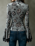 Lace-Trim Floral Velvet Blouse