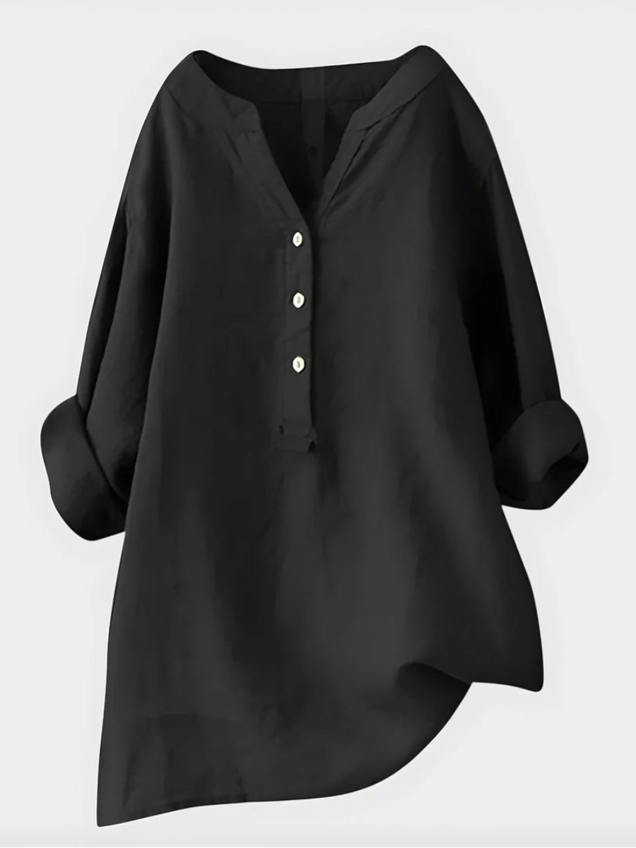 Elegant Cotton-Linen V-Neck Blouse