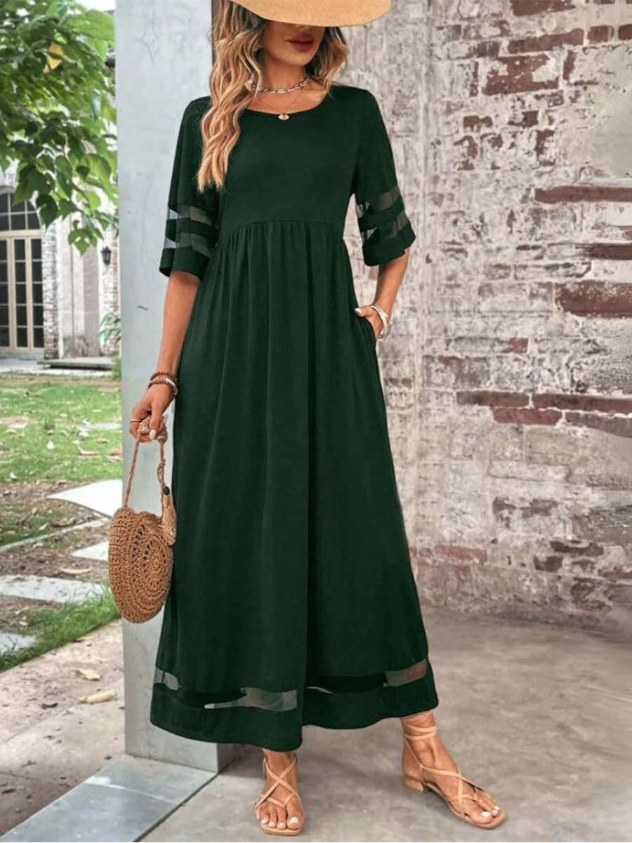 Sheer-Panel Sleeve Flattering Tummy-Smoothing Midi Dress