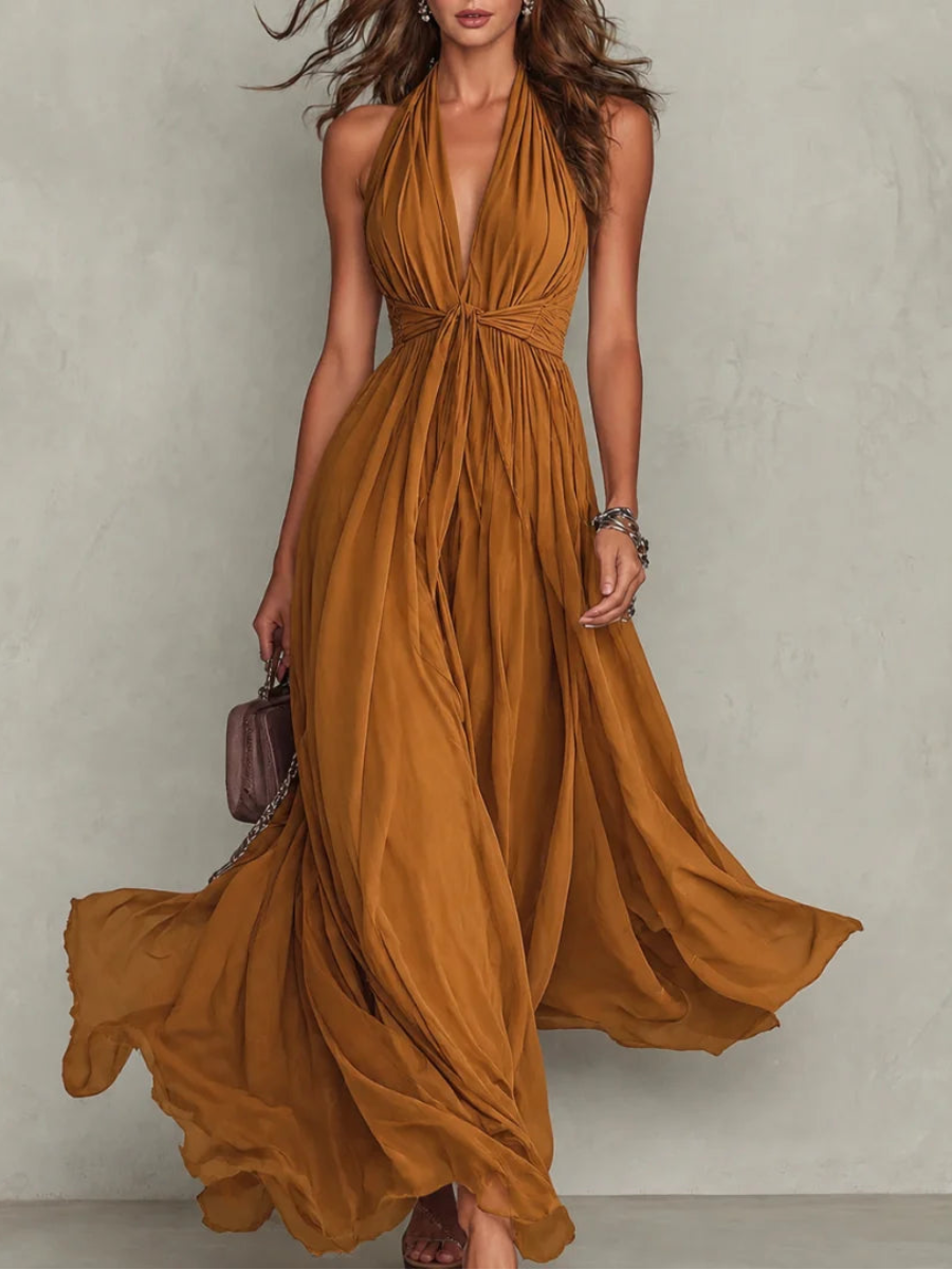 Twist-Waist Halter Chiffon Maxi Dress