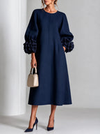 3D Floral Detail Midi Dress with Statement Sleeves
