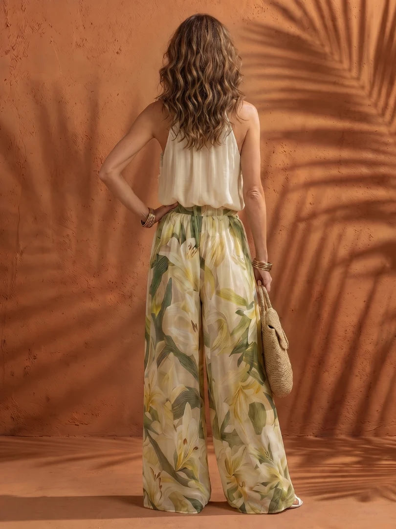 Halter Neck Blouse Floral Wide Leg Set