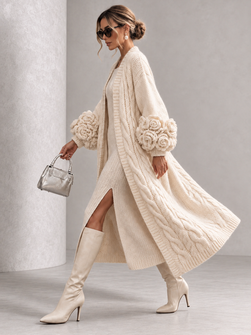 Chic Cream Floral Accented Cable-Knit Cardigan