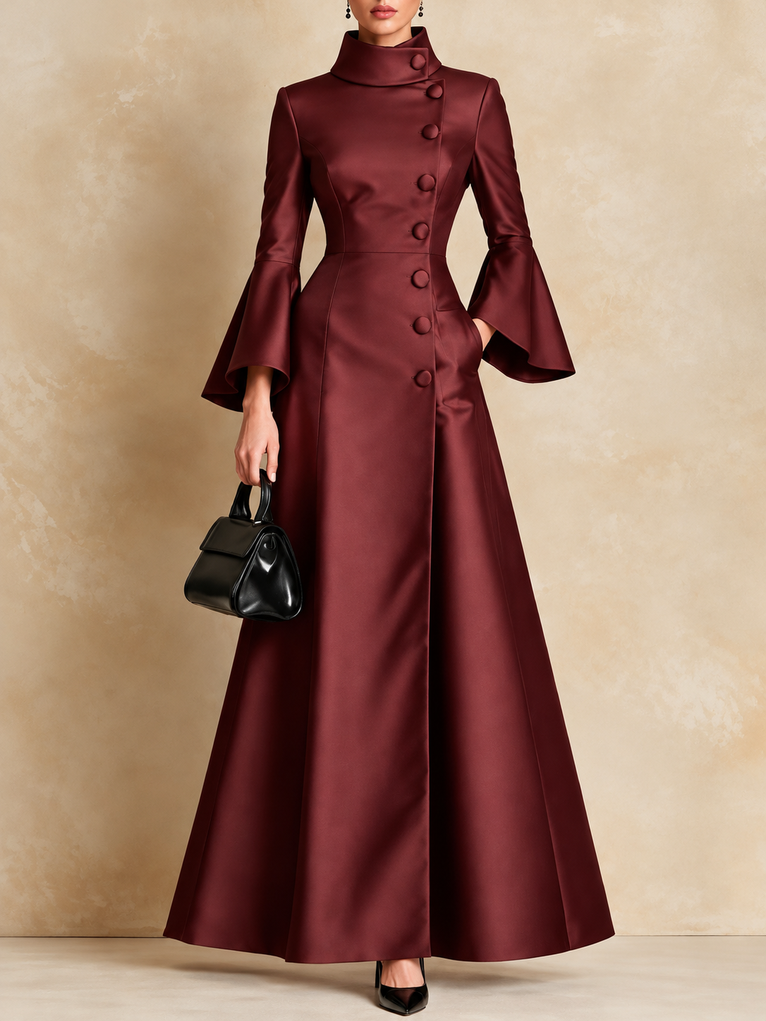 Elegant High-Collar Bell Sleeve Maxi Dress