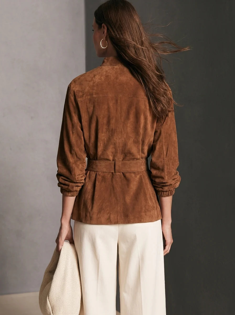 Casual Brown Suede Long-sleeve Jacket