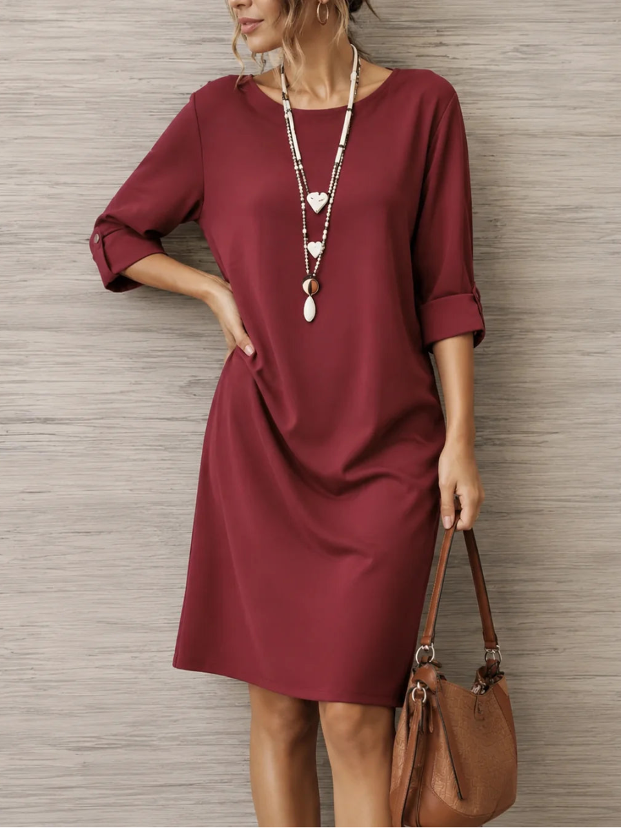 Tummy-Contouring Midi Dress with Roll-Tab Sleeves & Pockets