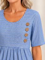 Striped Short Sleeve Midi Dress with Button Detail & Side Pockets