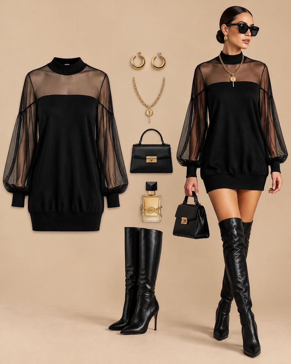 Elegancka czarna sukienka mini z rękawami z siateczki