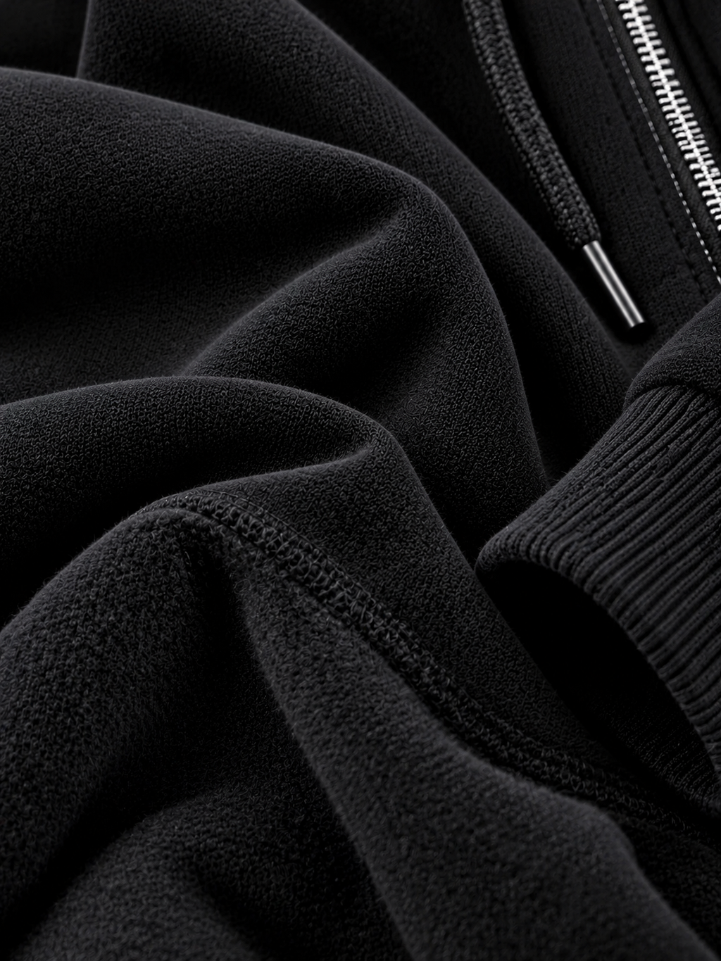 Black Long-Sleeve Hooded Long Coat In Sweatshirt Fabric