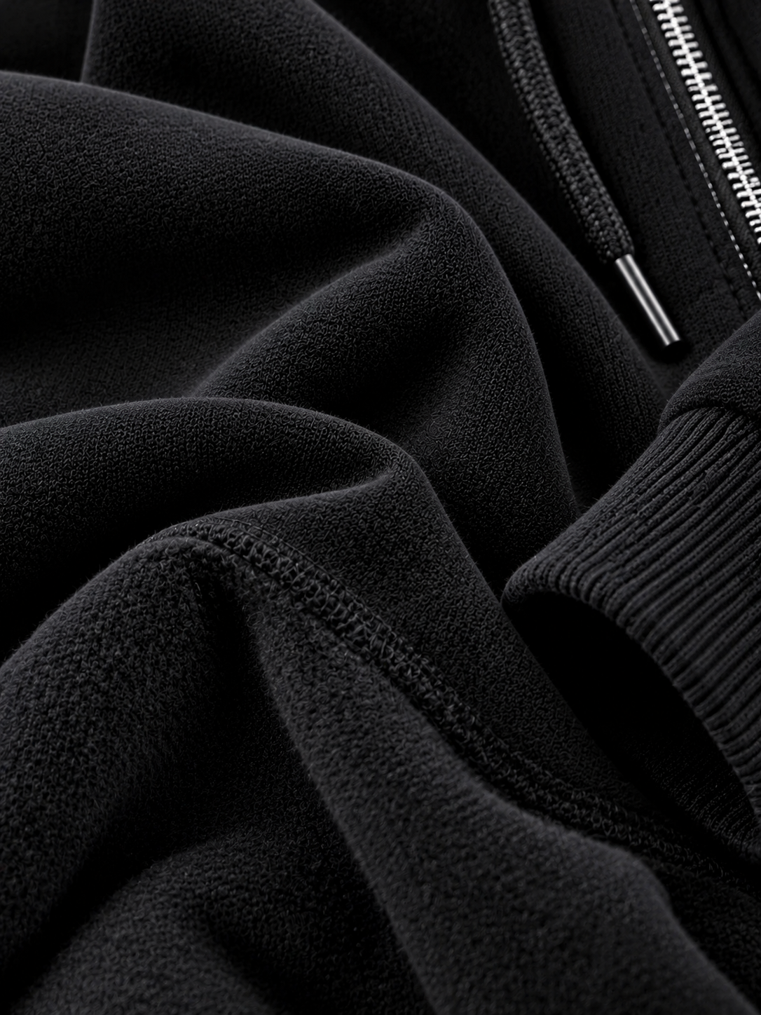 Black Long-Sleeve Hooded Long Coat In Sweatshirt Fabric