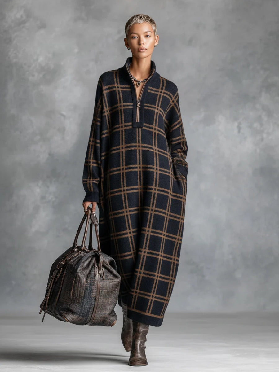 Loose Plaid Zipper Neck Knitted Maxi Dress