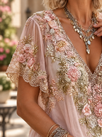 Elegant Floral Embroidery V-Neck Blouse with Short Sleeves
