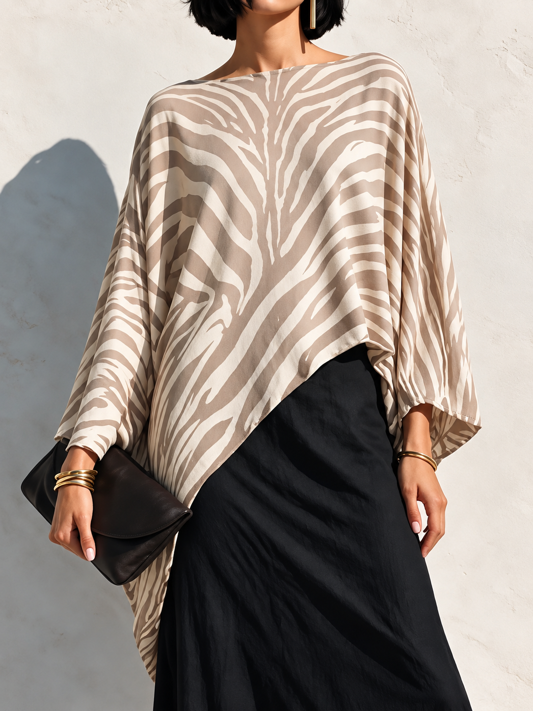 Zebra-Print Asymmetric Hem Cotton-Blend Top