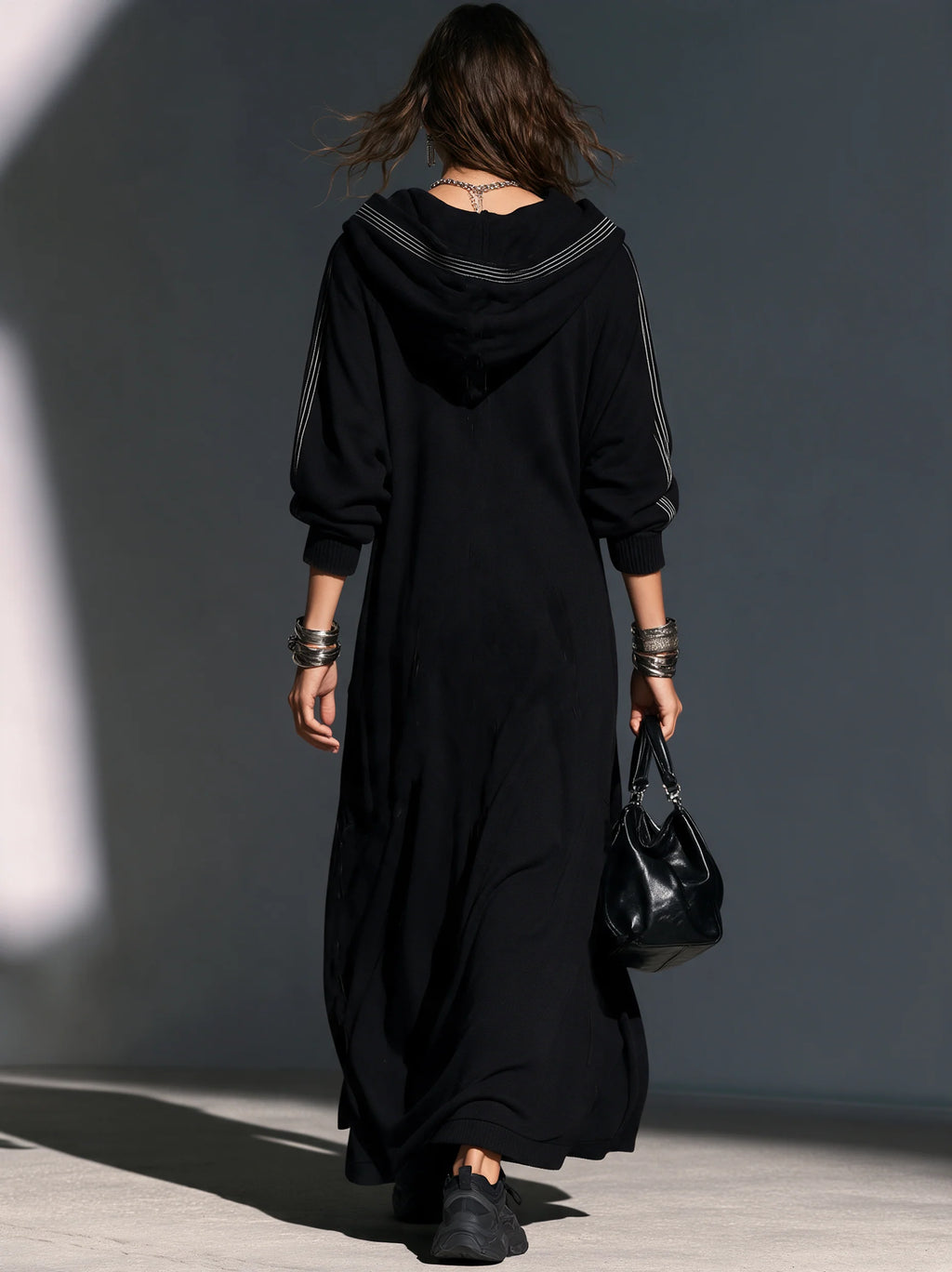 Black Long-Sleeve Hooded Long Coat In Sweatshirt Fabric