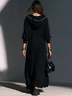Black Long-Sleeve Hooded Long Coat In Sweatshirt Fabric