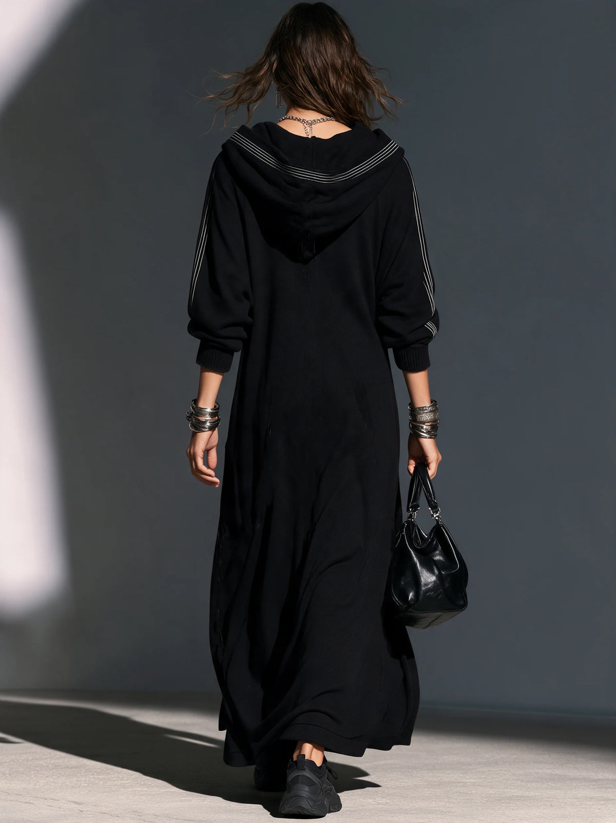 Black Long-Sleeve Hooded Long Coat In Sweatshirt Fabric