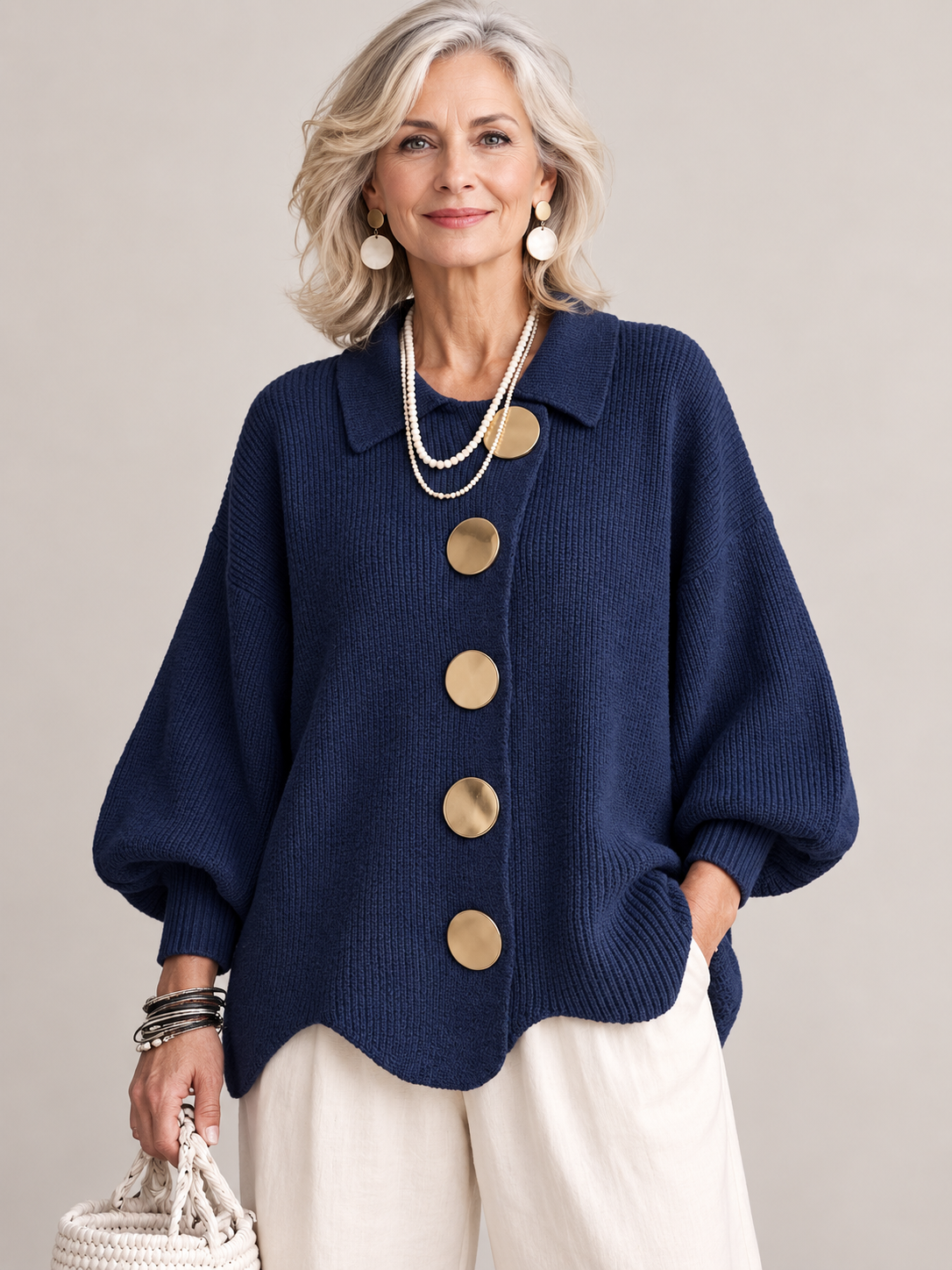 Oversized Collared Cardigan With Large Metal Buttons