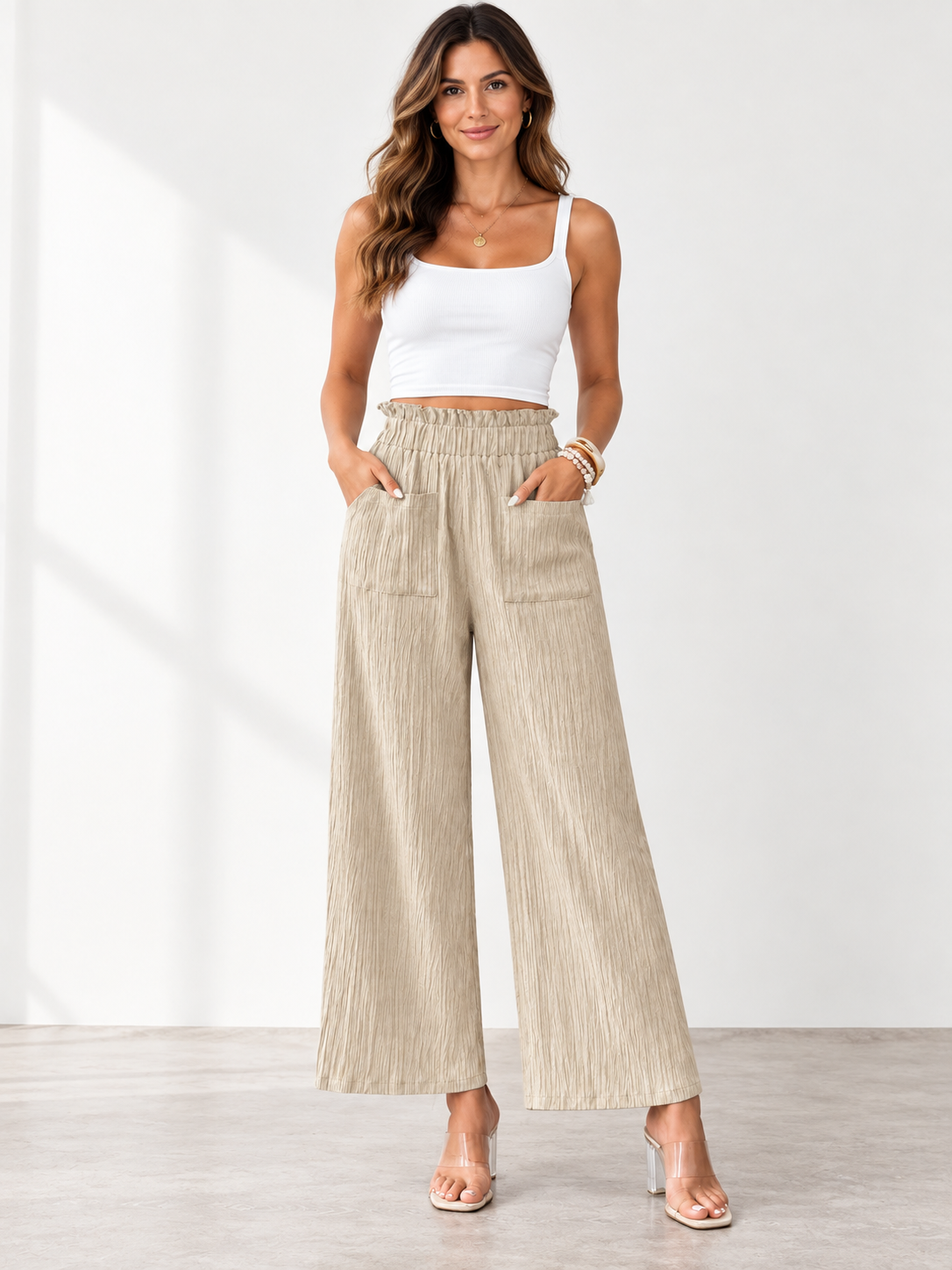 Textured Pleated Wide-Leg Pants with Pockets