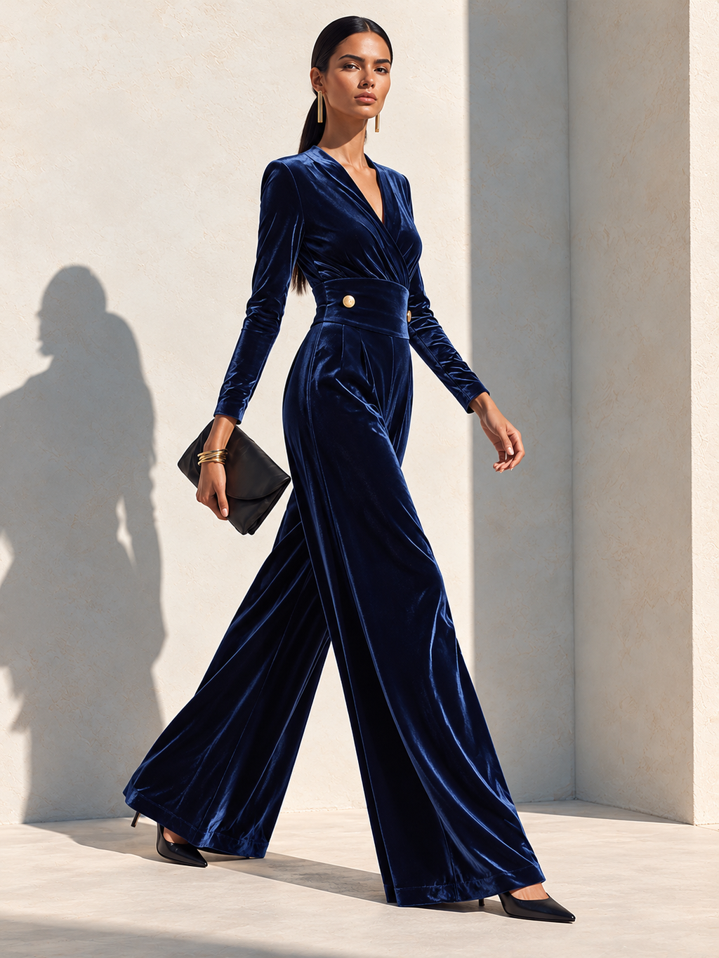 Luxury Velvet Wide-Leg Jumpsuit With Defined Waist