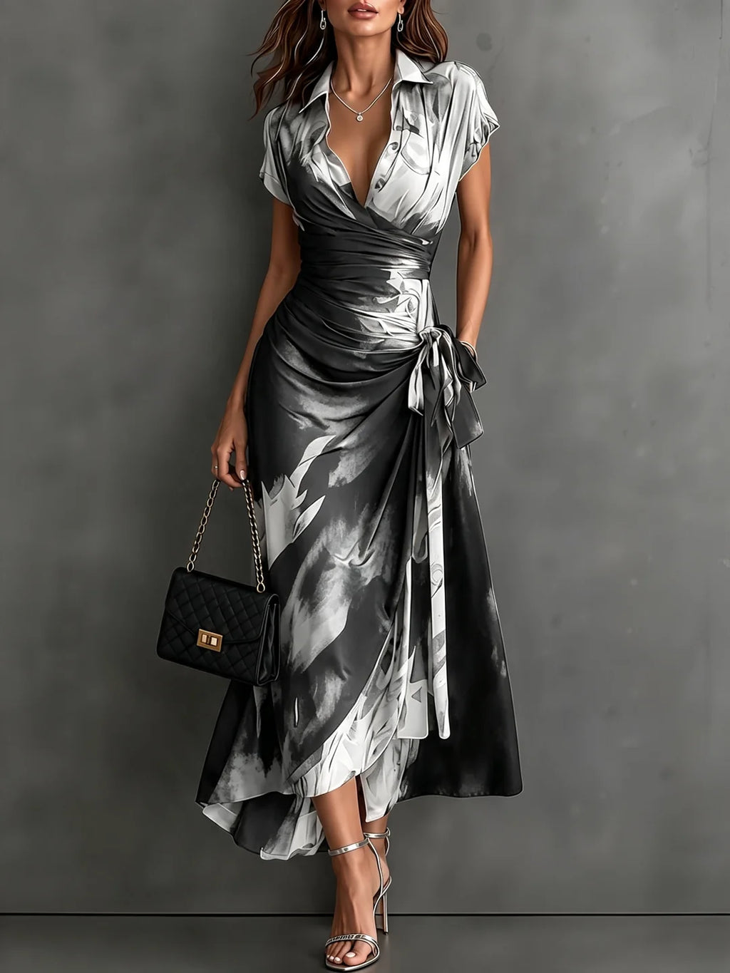 Abstract Print Wrap Midi Dress with Shirt Collar