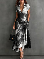 Abstract Print Wrap Midi Dress with Shirt Collar