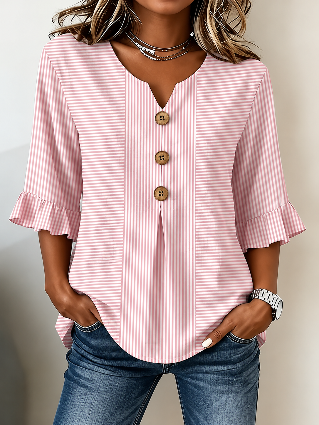 Casual V Neck 3/4 Sleeve Striped Print Blouse