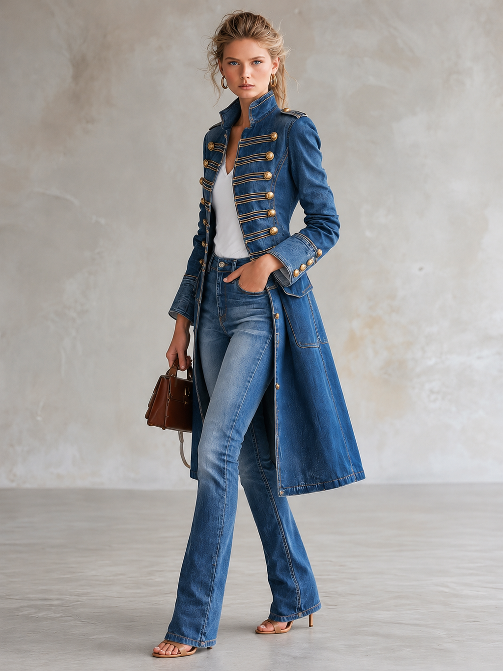 Long Tailored Military Denim Coat with Gold Buttons