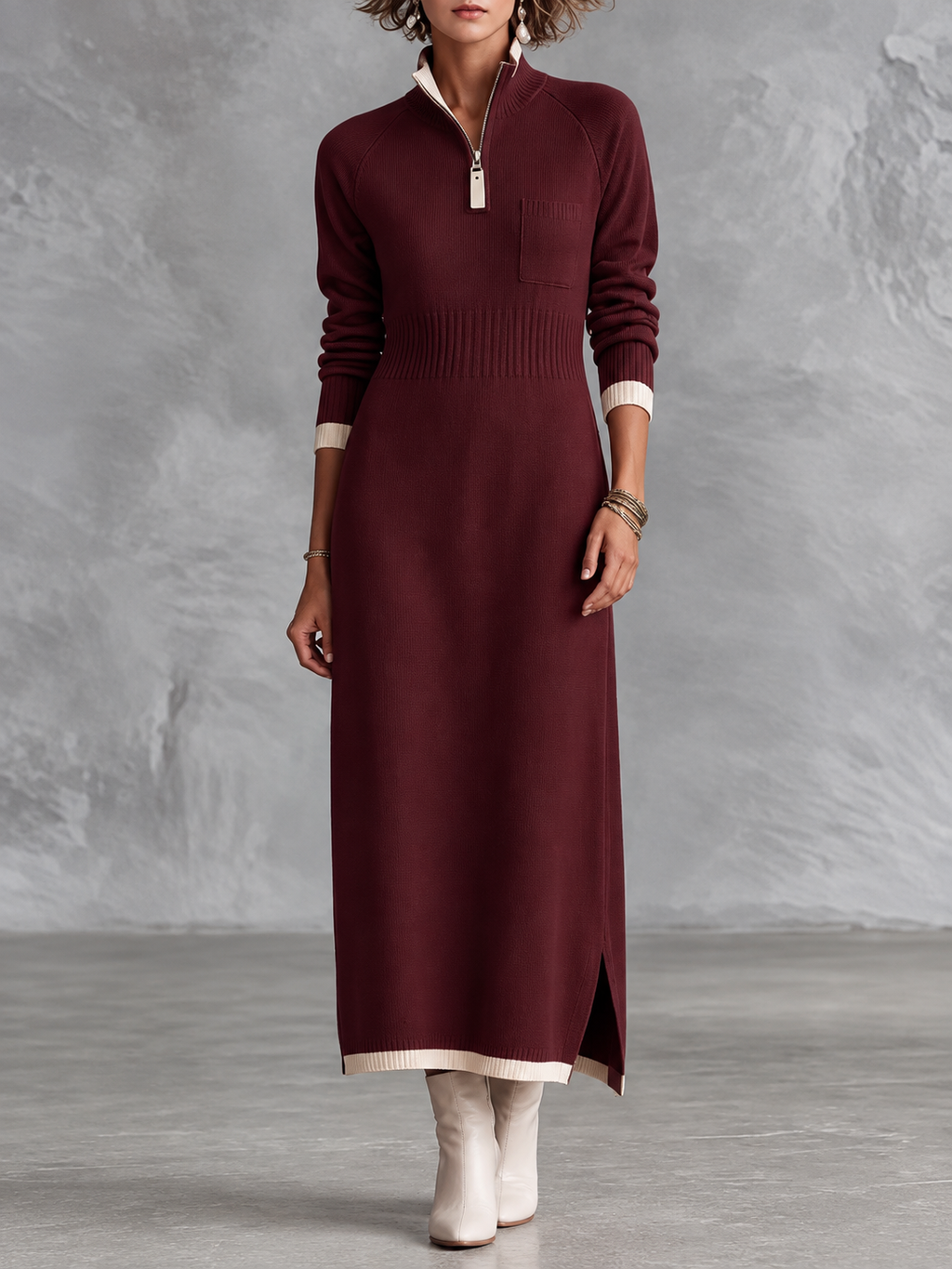 Zip Neck Knit Maxi Dress