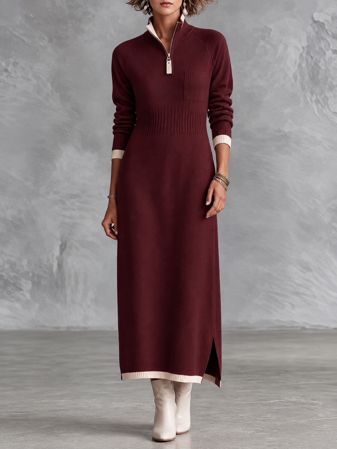 Zip Neck Knit Maxi Dress